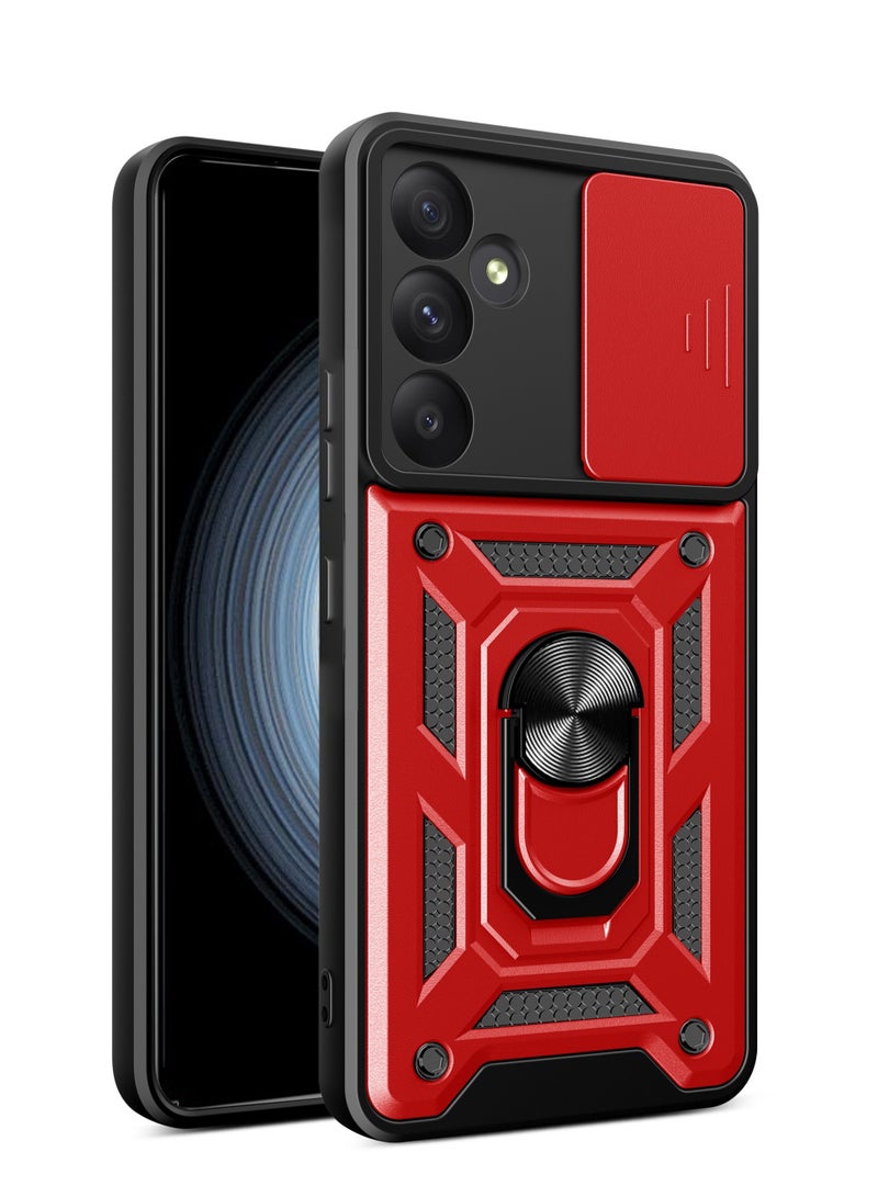Shunjia Sliding Window Case, Shockproof Rugged Armor with Sliding Camera Cover & 360° Ring Kickstand, Compatible with Samsung Galaxy A55 (Red)