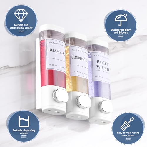 Cabo Deseado Shower Soap Dispenser Wall Mounted No Drill Shampoo Dispenser for Shower Wall Shampoo and Conditioner Dispenser Bathroom Hotel 3 300ml White with 3 Labels - Image 3