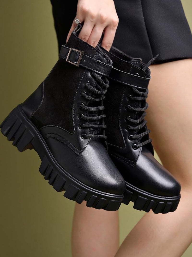 Shoetopia بوتات قتالية نسائية سوداء من شوتوبيا – بوتات كاحل برباط ومنصة سميكة مع حزام مشبك، جلد صناعي ومخمل – طراز غوتيك بانك - Image 2