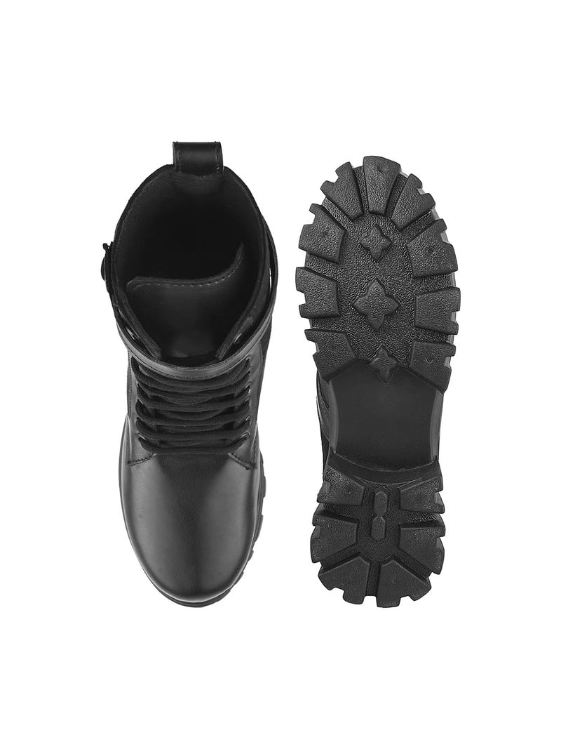 Shoetopia بوتات قتالية نسائية سوداء من شوتوبيا – بوتات كاحل برباط ومنصة سميكة مع حزام مشبك، جلد صناعي ومخمل – طراز غوتيك بانك - Image 4