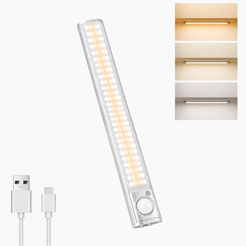 مصباح ليلي يعمل بحساس الحركة LED – قابل لإعادة الشحن عبر USB، تركيب مغناطيسي، 3 أوضاع للألوان، ضوء ليلي لاسلكي للمطبخ، غرفة النوم، الخزانة، الدرج، الممر (مصباح واحد ثلاثي الألوان 120-LED) - Image 1