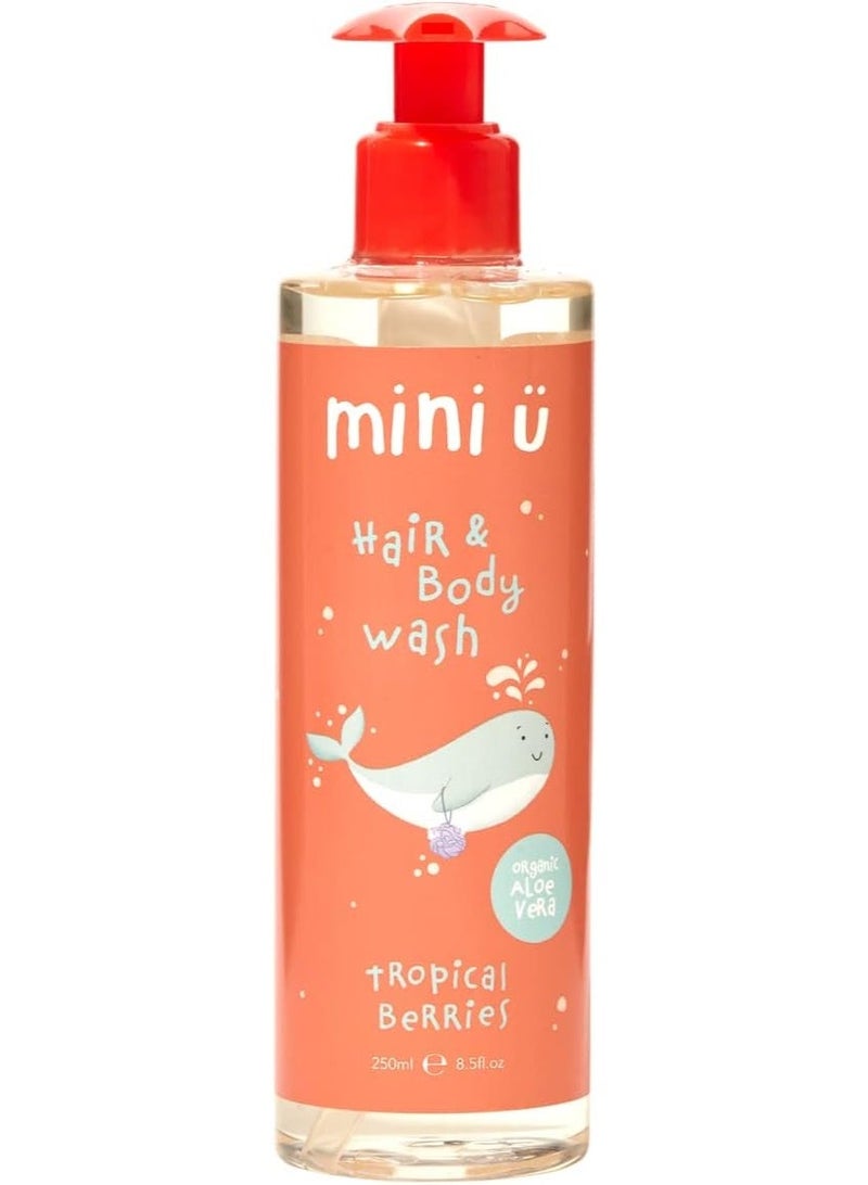 Mini U Tropical Berries Hair & Body Wash Yellow For Children And Newborns, 2-In-1 Kids Hair And Body Wash With Organic Aloe Vera, Naturally Derived, Made In UK, Vegan, Cruelty Free, Gluten Free, Soy Free, Dairy Free, No Microplastics - Image 1