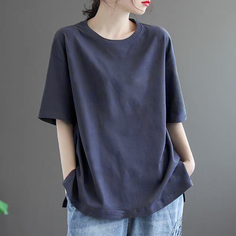Solid Color Simple Short-Sleeved Summer Casual Literary Retro T-Shirt Large Size Flesh-Covering Loose Slimming Look Versatile Bottoming Top - Image 2