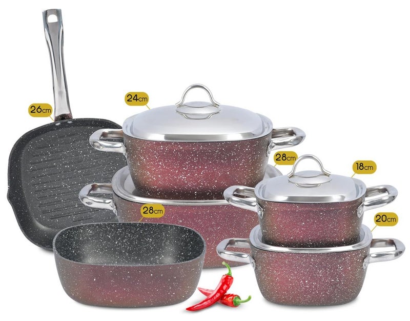 كتشنوفا طقم أواني 10 ق طهي كيتشنوفا مطبخ مربعه صحية غير لاصقة من الجرانيت  احمر - Image 1