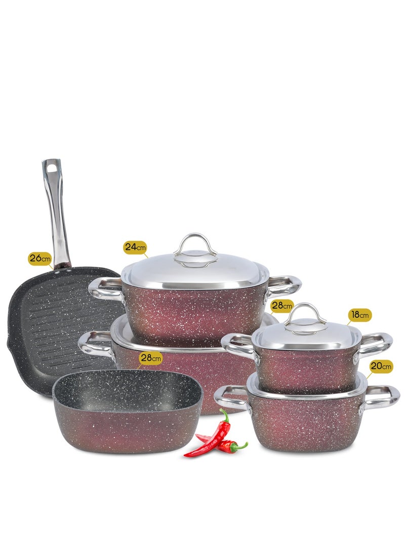 Kitchnova 10 Piece Set Of Kitchenova Cookware, A Healthy Square Kitchen, Made Of Non-Stick Granite 4 Pots (18 - 20 - 24 - 28) + Oven Tray 28 + Grill 26-Red  - Image 1