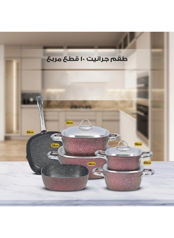 Kitchnova 10 Piece Set Of Kitchenova Cookware, A Healthy Square Kitchen, Made Of Non-Stick Granite 4 Pots (18 - 20 - 24 - 28) + Oven Tray 28 + Grill 26-Red  - Image 2