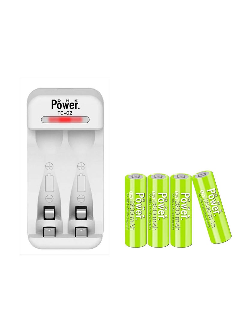 DMK Power AA NiMH Rechargeable Batteries GREEN Color (4-Pack, 2800mAh, 1.2V) with Dual Slot USB Charger – TC-Q2, for AAA/AA Devices - Image 1
