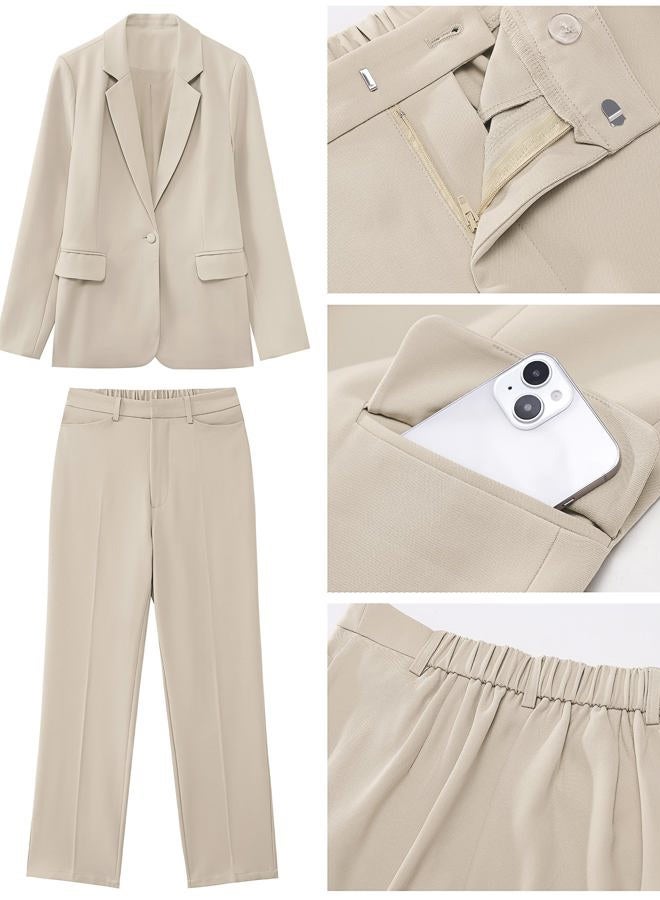 luvamia Women's Two Piece Sets Pants Suits Dressy Business Casual Outfits Professional Blazer Pantsuits Set Work Office, Light Beige, L - Image 5