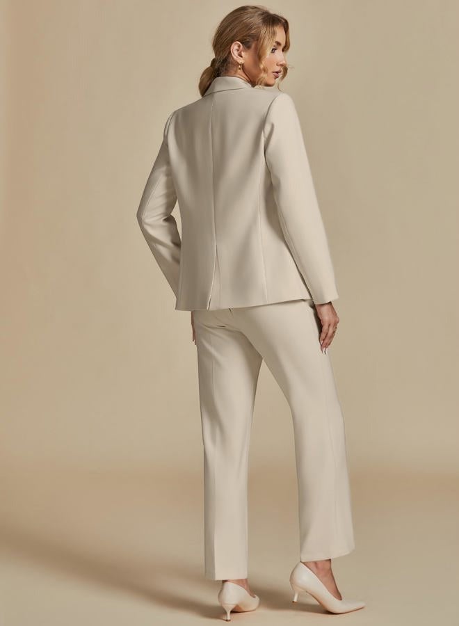 luvamia Women's Two Piece Sets Pants Suits Dressy Business Casual Outfits Professional Blazer Pantsuits Set Work Office, Light Beige, L - Image 2