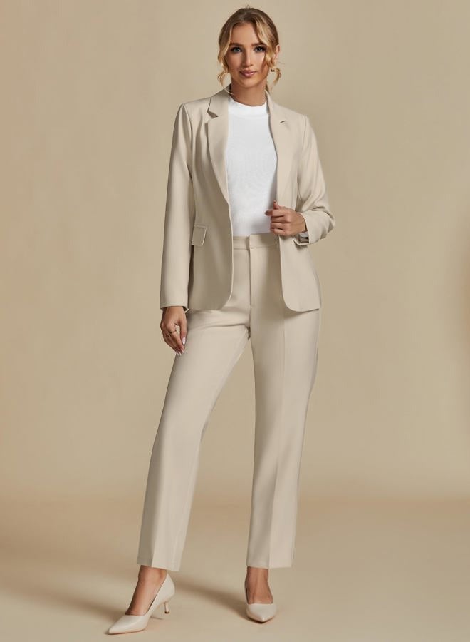 luvamia Women's Two Piece Sets Pants Suits Dressy Business Casual Outfits Professional Blazer Pantsuits Set Work Office, Light Beige, L - Image 3