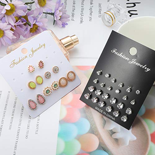 LOYALLOOK 63 Pairs Assorted Multiple Stud Earrings for Women Simple Cute Flower Big Hoop Earrings Moon Geometric Leaf Arrow Bow CZ Ball Heart Faux Pearl Earrings Set (63 pairs a set) - Image 4
