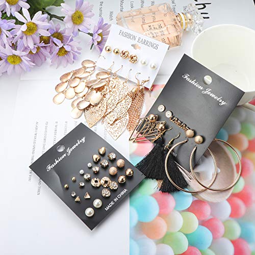 LOYALLOOK 63 Pairs Assorted Multiple Stud Earrings for Women Simple Cute Flower Big Hoop Earrings Moon Geometric Leaf Arrow Bow CZ Ball Heart Faux Pearl Earrings Set (63 pairs a set) - Image 5