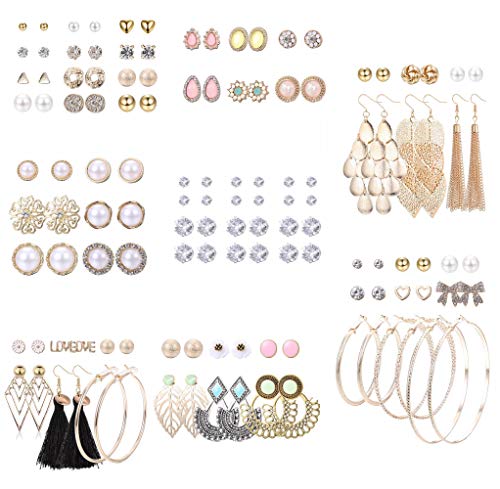 LOYALLOOK 63 Pairs Assorted Multiple Stud Earrings for Women Simple Cute Flower Big Hoop Earrings Moon Geometric Leaf Arrow Bow CZ Ball Heart Faux Pearl Earrings Set (63 pairs a set) - Image 1