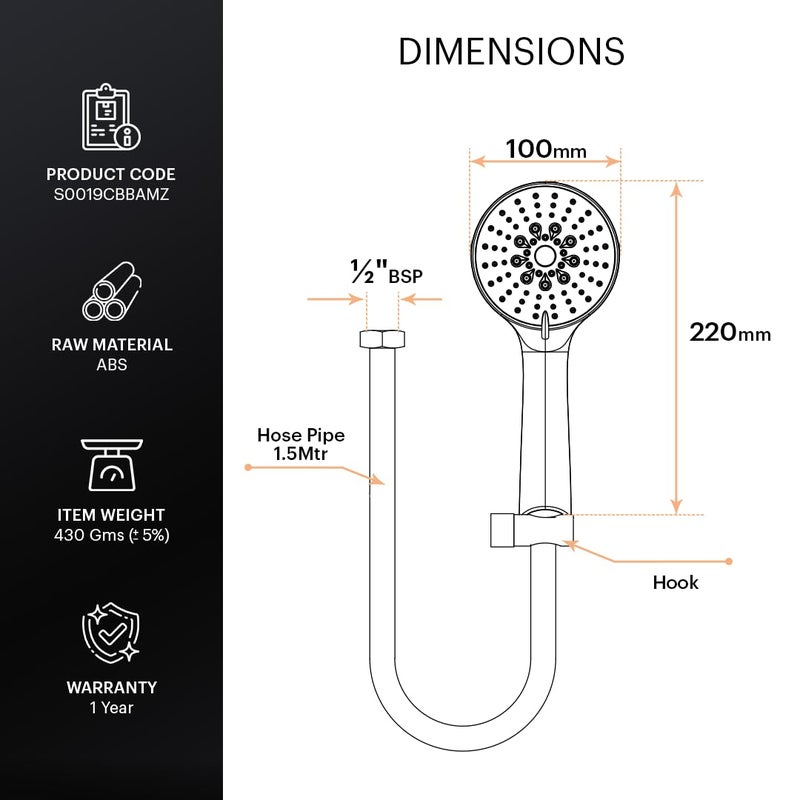 Johnson Bathrooms Johnson Hydra 5 Flow Hand Shower with 15mt Hose Hook 5in1 Multifunctional Handheld Round Shower HighPressure ABS Material Hand Shower 1 Year Warranty S0019CBBAMZ Chrome  - Image 3