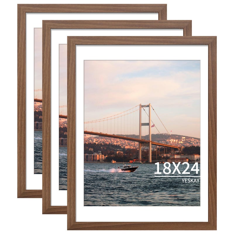 YESKAY 18x24 Picture Frame Brown Set of 3, Display Pictures 16x20 with Mat or 18 x 24 Without Mat, Poster Frames 18x24 for Wall Hanging Horizontal and Vertical - Image 1