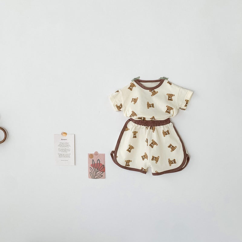 Korean Style Childrens Clothing Suit ins Baby Boys and Girls Summer Bear Short-sleeved Shorts Suit Baby Stylized Two-piece Suit Beige 