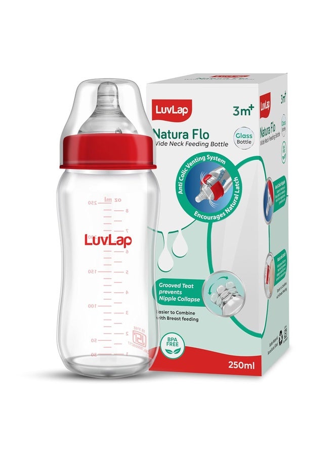Luvlap Natura Flo Wide Neck Glass Feeding Bottle, New Born/Infants/Toddler Upto 3 Years, BPA Free, Ergonomic Shape is Easy to Hold, with Anti Colic Nipple, 250ml - Image 1