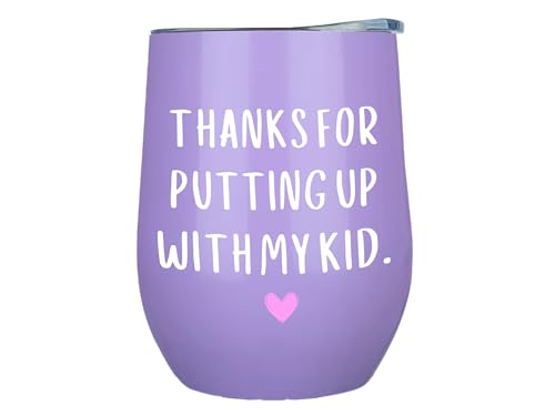 KLUBI Daycare Provider Gifts Thanks For Putting Up With My Kid Tumbler 12oz Purple Coffee Mug Daycare Teacher Gifts for Teacher Appreciation for Women Happy Teachers Week Gift for Her