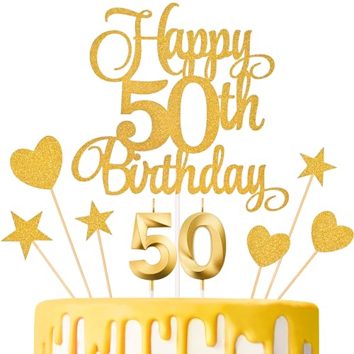 Lecferrarc 50th Birthday Cake Decorations 50th Birthday Candles Cake Numeral Candles and Glitter Happy 50th Birthday Cake Toppers Set for Birthday Party Supplies Gold - Image 1