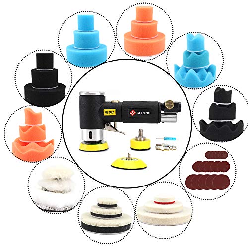 SI FANG 1'' 2'' 3'' Mini Random Orbital Air Sander Kit, High Speed Pneumatic Mini Sanders Polisher for Auto Body Work, Includes 27Pcs 1/2/3in Polishing Sponge & Wool Pads, 15Pcs Sandpapers (Black) - Image 3