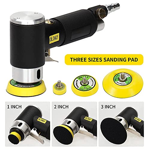 SI FANG 1'' 2'' 3'' Mini Random Orbital Air Sander Kit, High Speed Pneumatic Mini Sanders Polisher for Auto Body Work, Includes 27Pcs 1/2/3in Polishing Sponge & Wool Pads, 15Pcs Sandpapers (Black) - Image 2