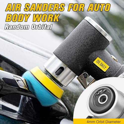 SI FANG 1'' 2'' 3'' Mini Random Orbital Air Sander Kit, High Speed Pneumatic Mini Sanders Polisher for Auto Body Work, Includes 27Pcs 1/2/3in Polishing Sponge & Wool Pads, 15Pcs Sandpapers (Black) - Image 4