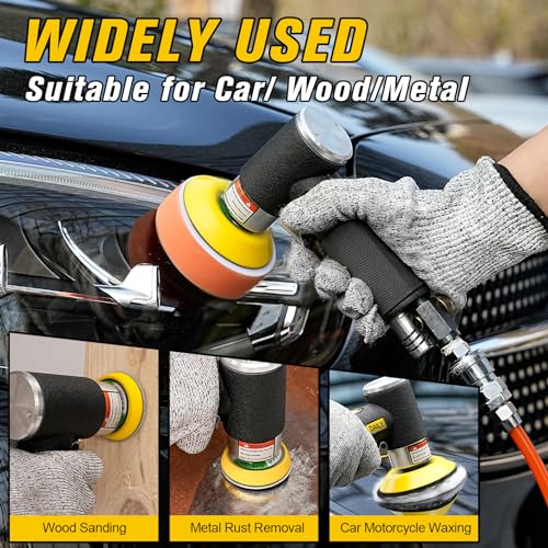 SI FANG 1'' 2'' 3'' Mini Random Orbital Air Sander Kit, High Speed Pneumatic Mini Sanders Polisher for Auto Body Work, Includes 27Pcs 1/2/3in Polishing Sponge & Wool Pads, 15Pcs Sandpapers (Black) - Image 5