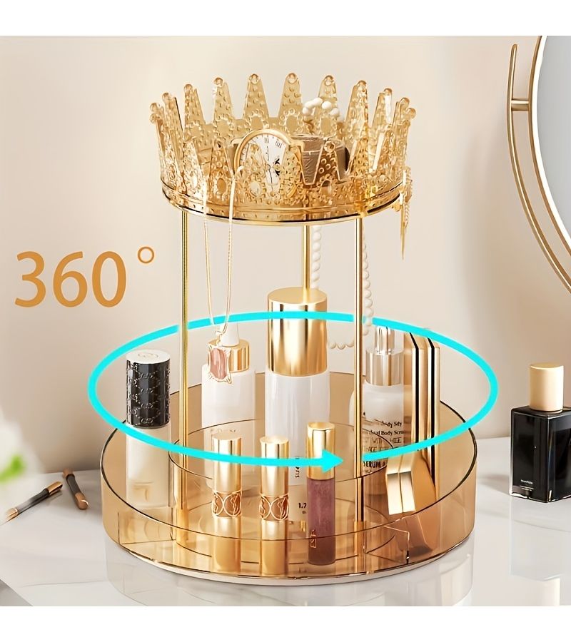 Western Gold Luxury 360 Degree Rotatable Makeup Organizer Jewelry And Headgear Bathroom Countertop Manager Vanity Tabletop Double Layer Skincare Storage Rack Transparent Holiday Gift - Image 3
