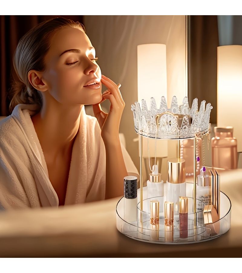Western Gold Luxury 360 Degree Rotatable Makeup Organizer Jewelry And Headgear Bathroom Countertop Manager Vanity Tabletop Double Layer Skincare Storage Rack Transparent Holiday Gift - Image 4