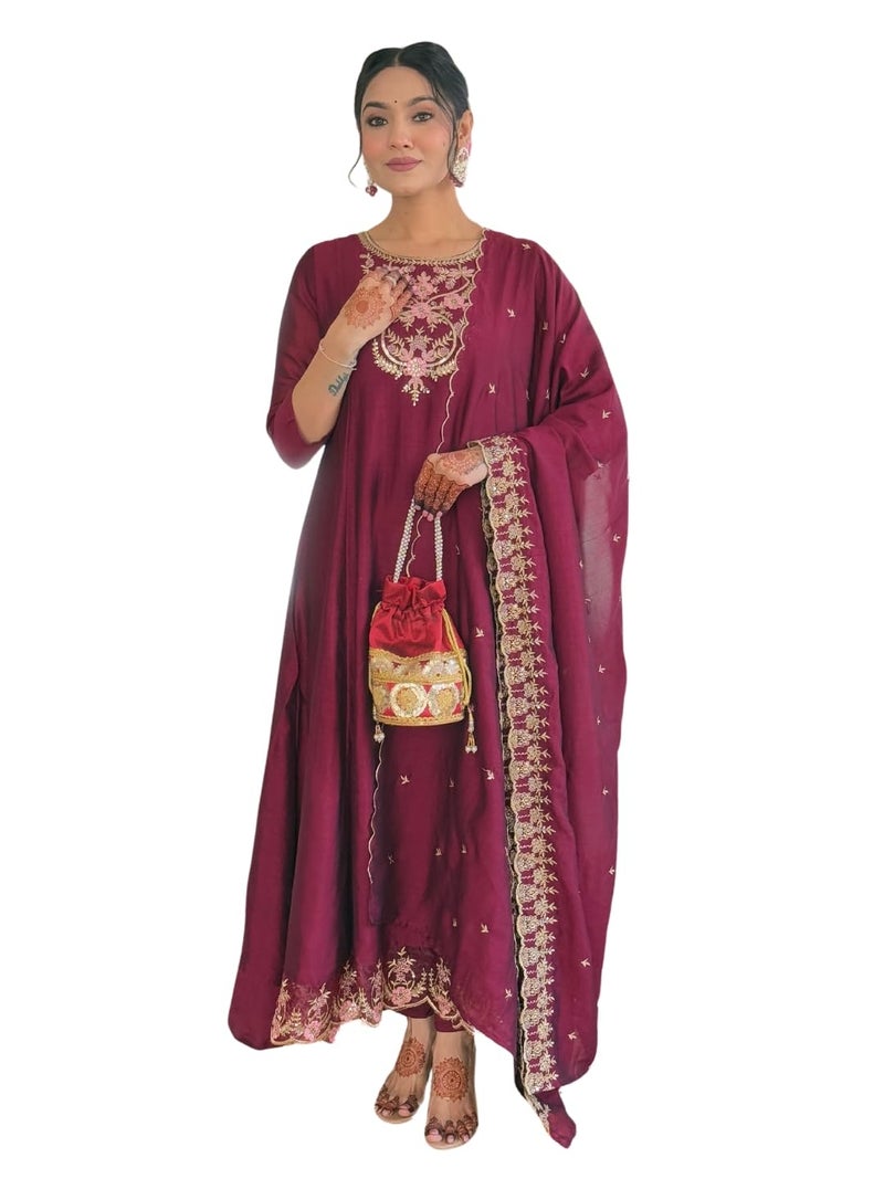 Naixa Women's Wine Vichitra Silk Embroidered A-Line Kurta with Rayon Pant and Vichitra Silk Embroidered Dupatta Sets (NX-656-Wine-M) - Image 1