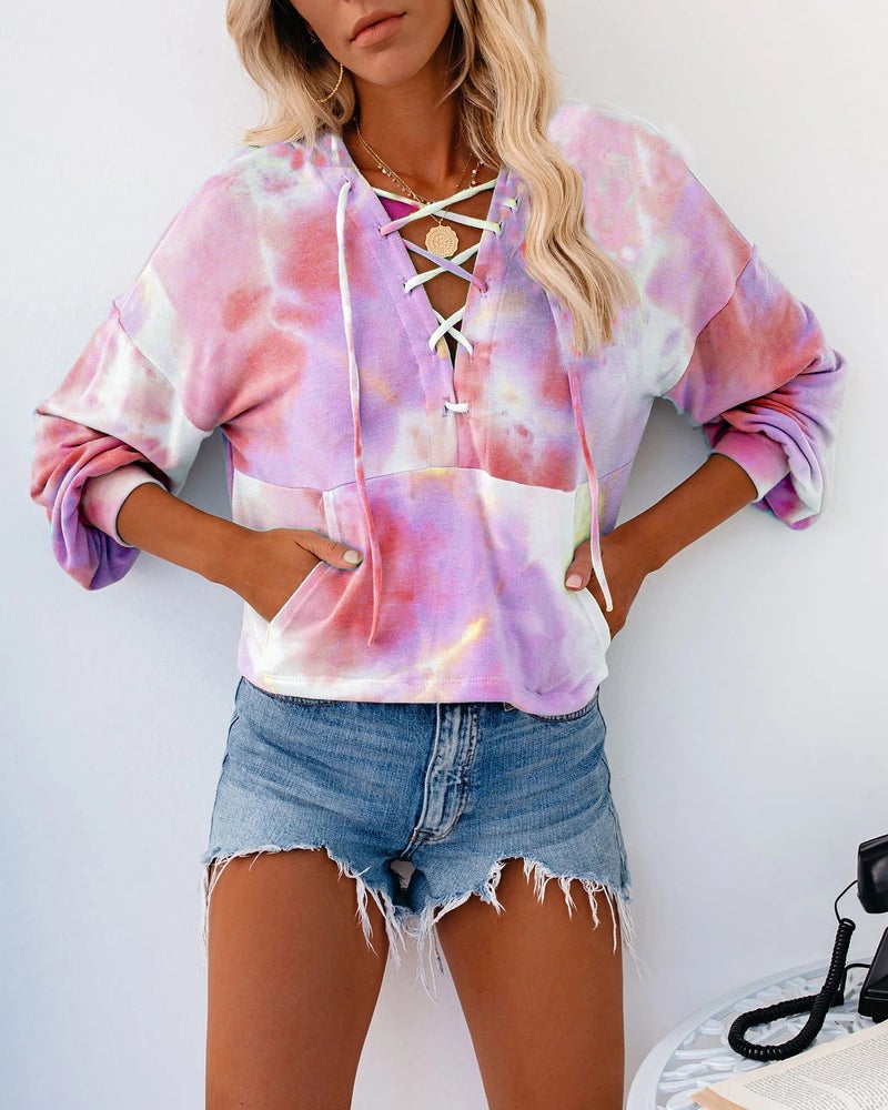 Tie Dye Long Sleeve Hoodie with Drawstring - Image 2