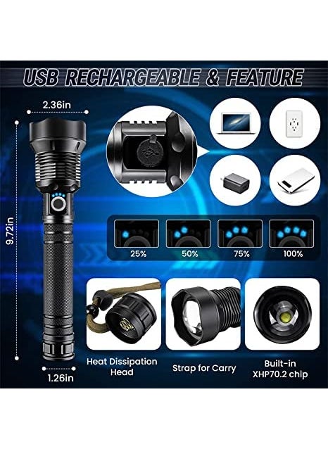 NEURONMART Neuronmart Super Bright Rechargeable Led Flashlights Xhp502 Tactical Flashlight Zoomable Ipx5 Waterproof Aluminum 1600 Lumen  - Image 4