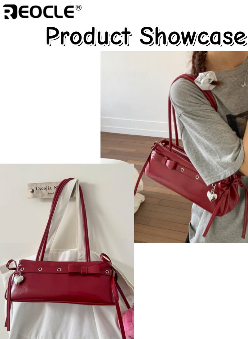 ريوكل حقيبة كتف نسائية بتصميم كلاسيكي مصنوعة من الجلد المصقول مع تفاصيل أنيقة من الأقواس وقلادات القلب مستوحاة من الطراز العتيق لتكون الإضافة المثالية للإطلالات اليومية والعادية - Image 4