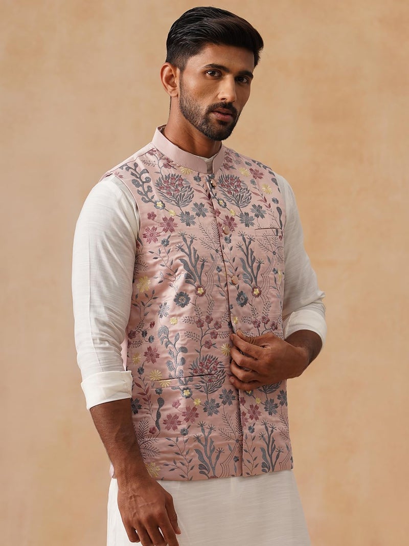 jompers Floral Embroidered Silk Blend Nehru Jacket - Image 4