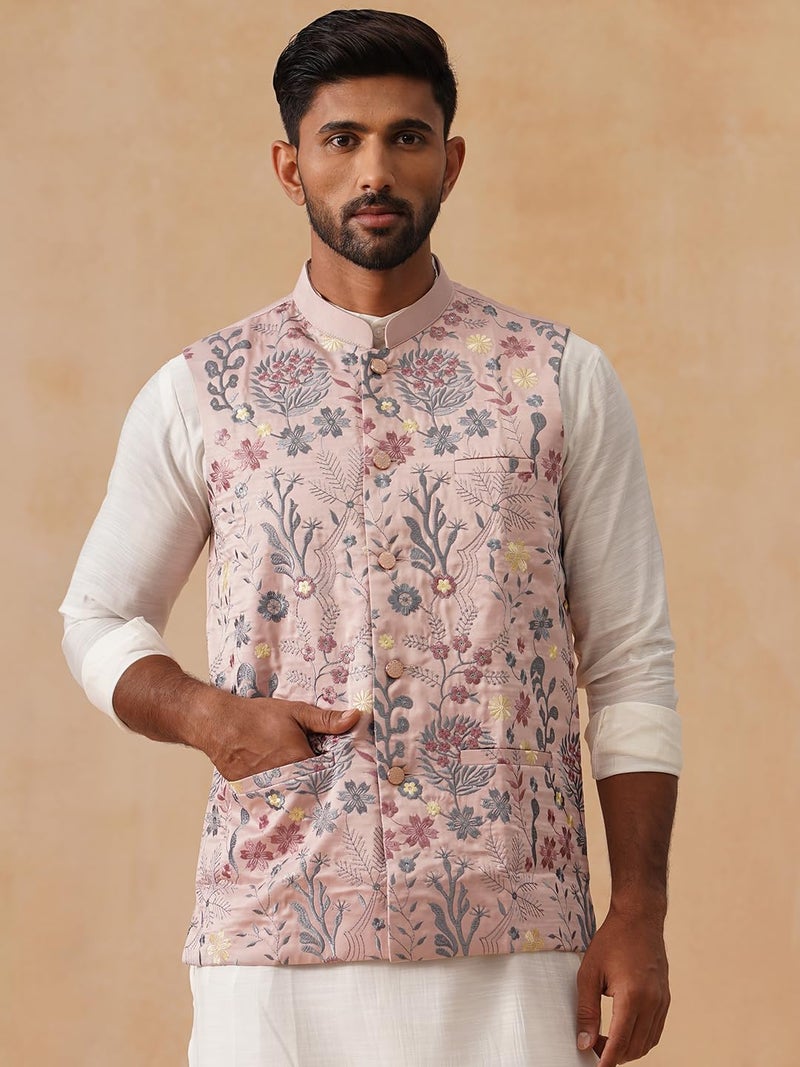 jompers Floral Embroidered Silk Blend Nehru Jacket - Image 5