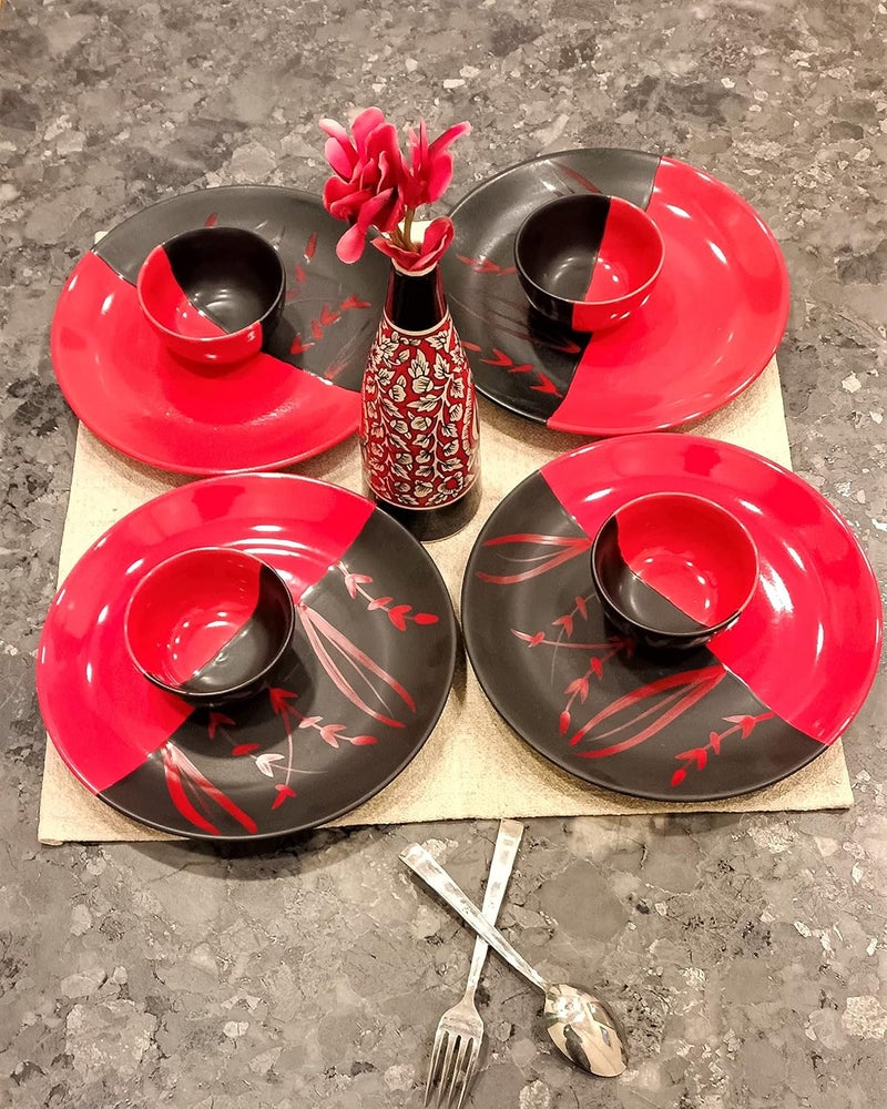 Caffeine Ceramic Stoneware Handmade Red & Black Combo Dinner Set of 8 (4 Dinner Plate, 4 Katori Bowl Microwave & Dishwasher Safe) - Image 1