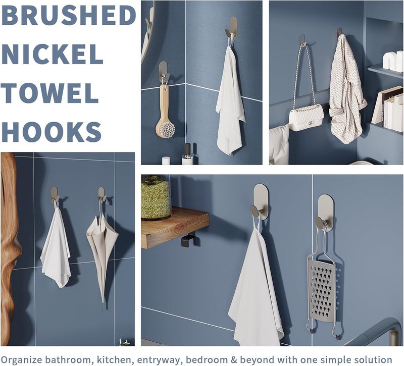 WZRUA Adhesive Towel Hooks for Bathrooms 4 Pack Brushed Nickel Stainless Steel and Zinc Alloy Sticky Wall Hooks for Hanging Heavy Duty Self Adhesive Robe Shower Hanger for Kitchen, Closet, Cabinet, Door - Image 3