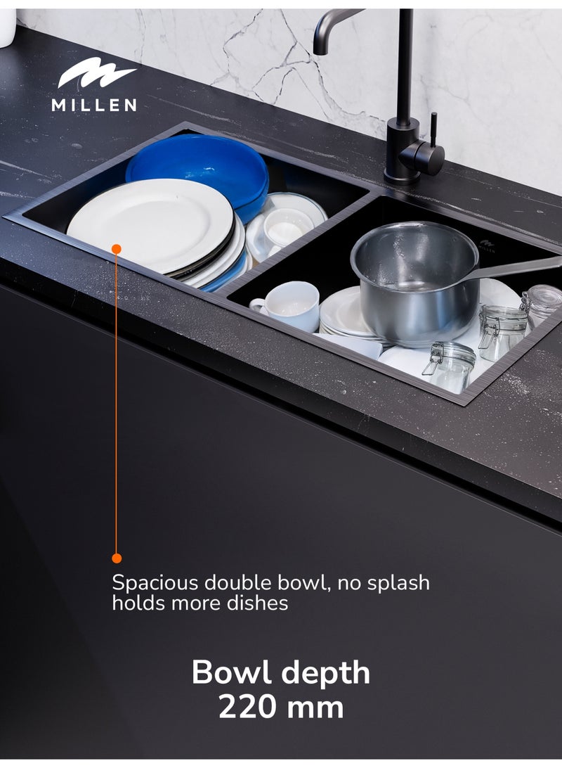 MILLEN Premium Handmade Undermount Double Bowl Sink  – SUS 304 Stainless Steel, Soundproof, Gunmetal Satin Finish - MSDB864422GM - Image 5