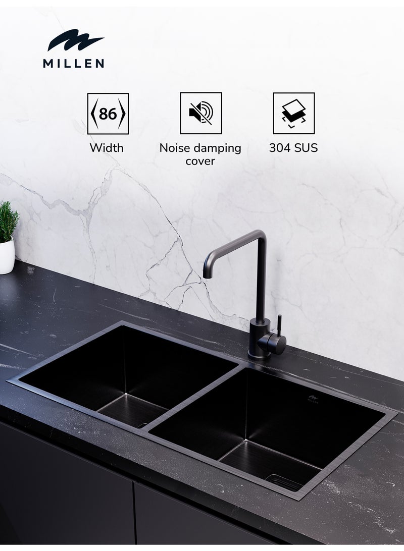 MILLEN Premium Handmade Undermount Double Bowl Sink  – SUS 304 Stainless Steel, Soundproof, Gunmetal Satin Finish - MSDB864422GM - Image 1