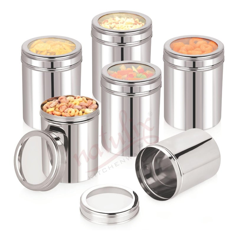 NATULIX 1 Kg Stainless Steel Containers for kitchen with See Through Lid | Kitchen Containers Set | Silver (1250ml - 6pcs) Food Grains Capacity - 1kg Approx - Image 1