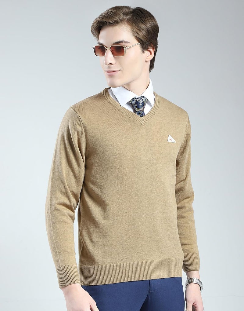 Monte Carlo Men's Regular Fit Pullover | Solid Pattern | Pull On Closure with Full Sleeves V Neck Winter Pullover for Men's Beige L (Pack of_1) - Image 5
