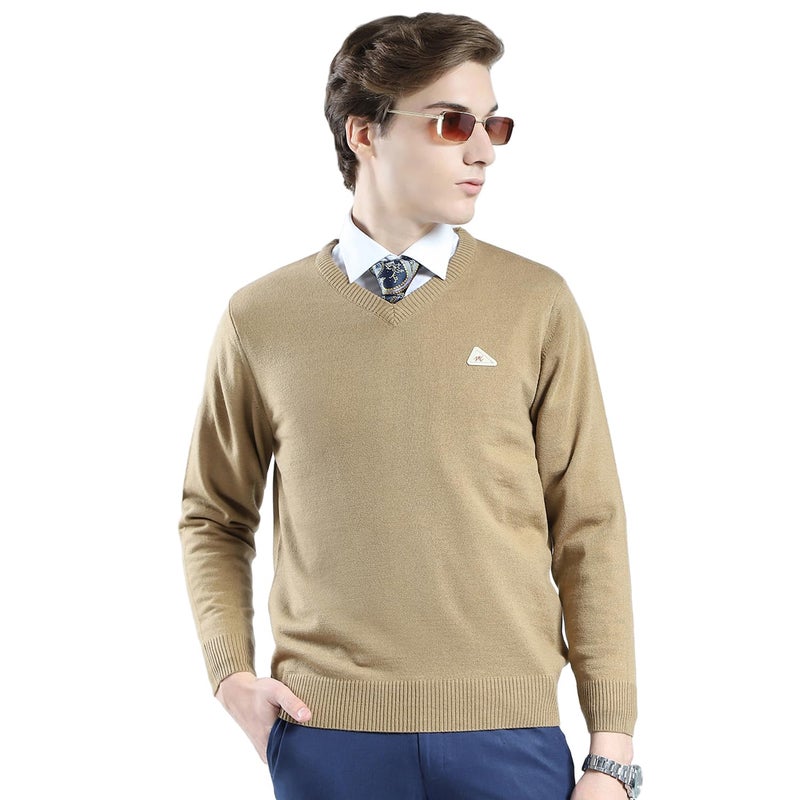 Monte Carlo Men's Regular Fit Pullover | Solid Pattern | Pull On Closure with Full Sleeves V Neck Winter Pullover for Men's Beige L (Pack of_1) - Image 2