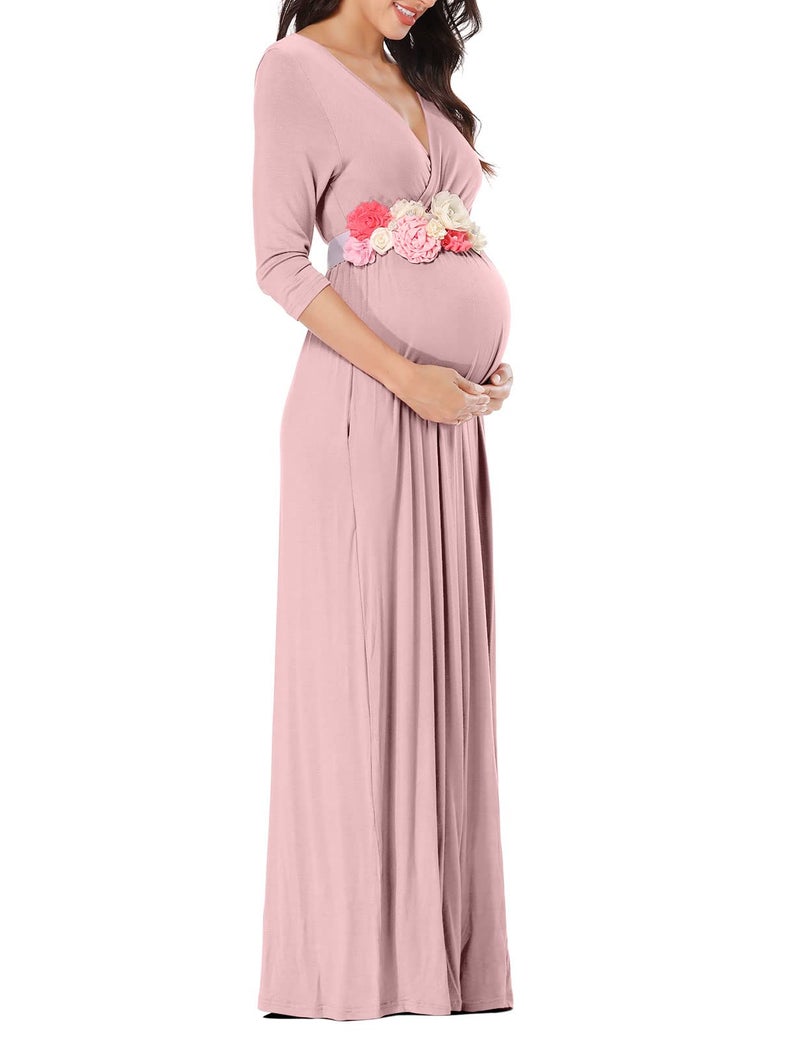 KIM S Maternity Dress Winter Dress for Photoshoot Baby Shower Photoshoot Maxi Christmas Pregnancy Clothes Wrap Postpartum 2025 (Dusty Pink S) - Image 4