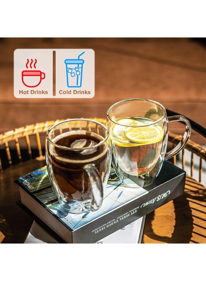 عدد 2 كوب قهوة زجاجي مزدوج الجدار 350 مل – أكواب بوروسيليكات شفافة معزولة بمقبض، آمنة للمايكروويف، للكابتشينو والشاي واللاتيه - Image 5