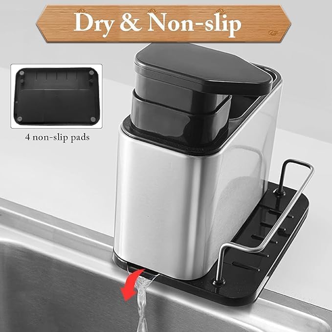 Luxoper Stainless Steel Kitchen Sink Caddy Organizer - 3 in 1 Soap Dispenser, Sponge and Brush Holder with Removable Tray Rustproof Sink Drainer Rack for Countertop Dishwashing and Cleaning Tools - Image 4