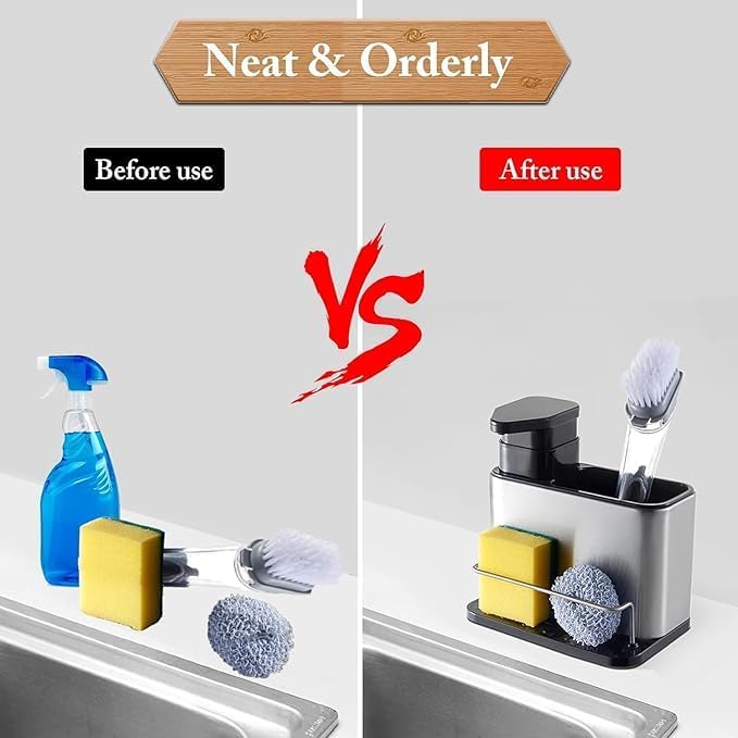 Luxoper Stainless Steel Kitchen Sink Caddy Organizer - 3 in 1 Soap Dispenser, Sponge and Brush Holder with Removable Tray Rustproof Sink Drainer Rack for Countertop Dishwashing and Cleaning Tools - Image 5