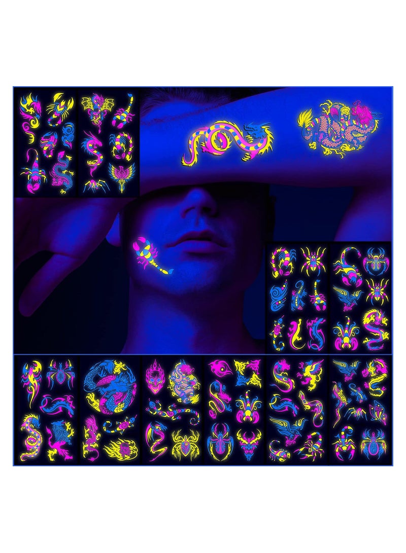 Excefore 10 Sheets Neon Temporary Tattoos Glow In The UV Neon Tattoos Stickers 61 Glitter Styles Dragon Scorpion Spider Cool Fake Waterproof Tattoos for Men Women Party Decoration  - Image 1