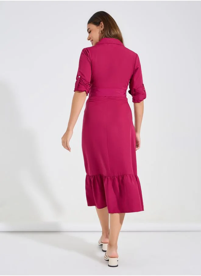 Styli Solid Fit and Flare Midi Dress with Pocket and Belt Detail