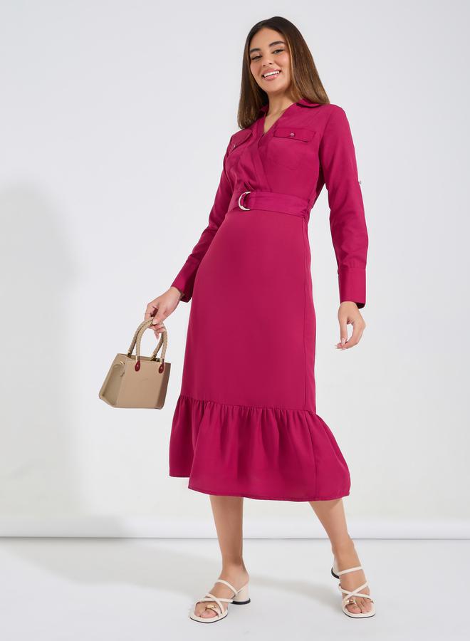 ستايلي فستان ميدي سادة مع جيب وحزام خصر - Image 1