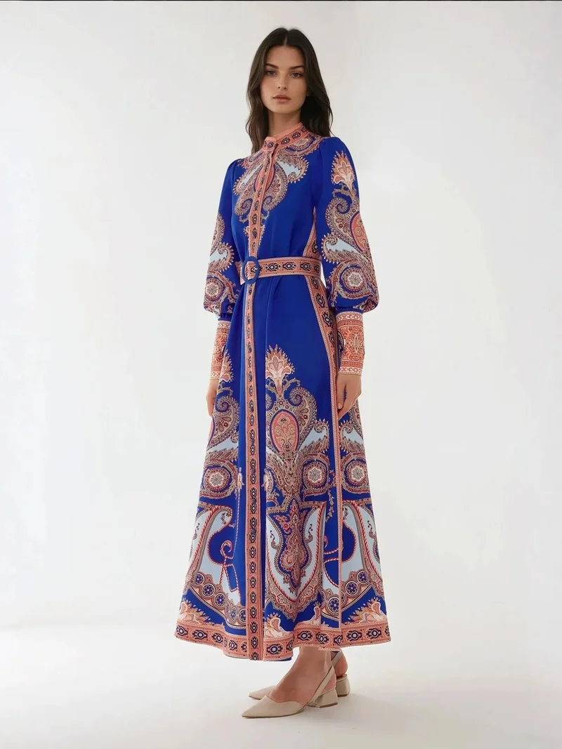 HICCUP Printed Long Sleeve Maxi Dress with Belt